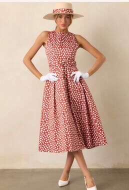 New PROSPERINA AVA BRICK RED POLKA DOT COTTON MIDI DRESS